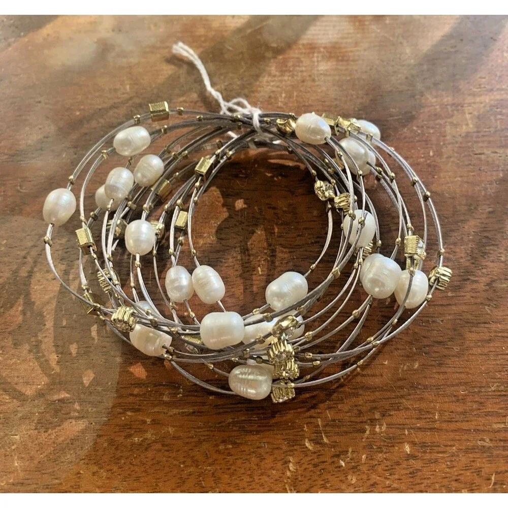 Vintage Glass Pearl Bead Bracelets – 12 Strand Set, Silver Tone, MCM / 80s
